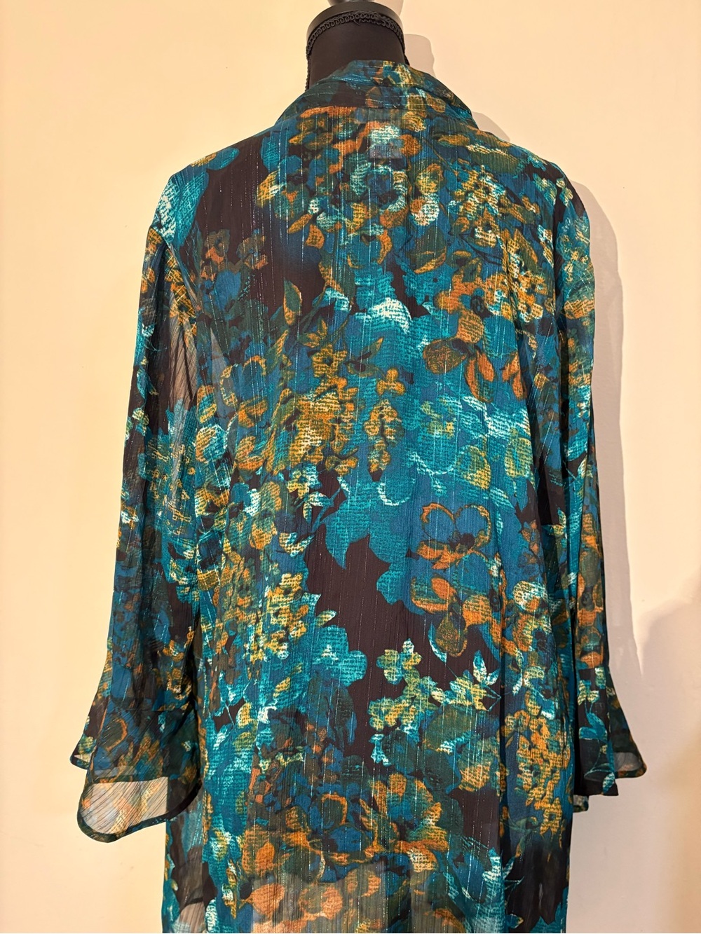Sheer Teal & Gold Floral Tie-Neck Blouse-with Glimmering Silver Threading! - Picture 9 of 16